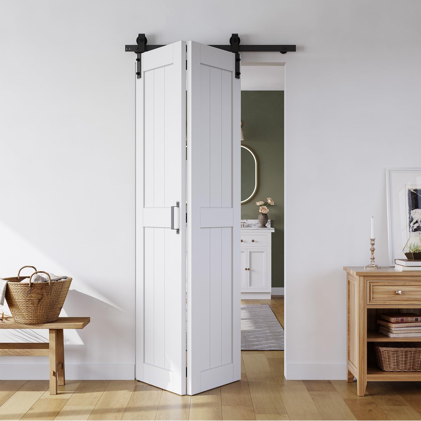 Bifold Barn Door 36" x 84", MDF Bi-Fold Sliding Closet Doors with Hardware Kit Included, Pre-Finished Easy Assembly, Water-Proof PVC Surface & Save Space, H-Frame, 40" Track for 2 Doors,White