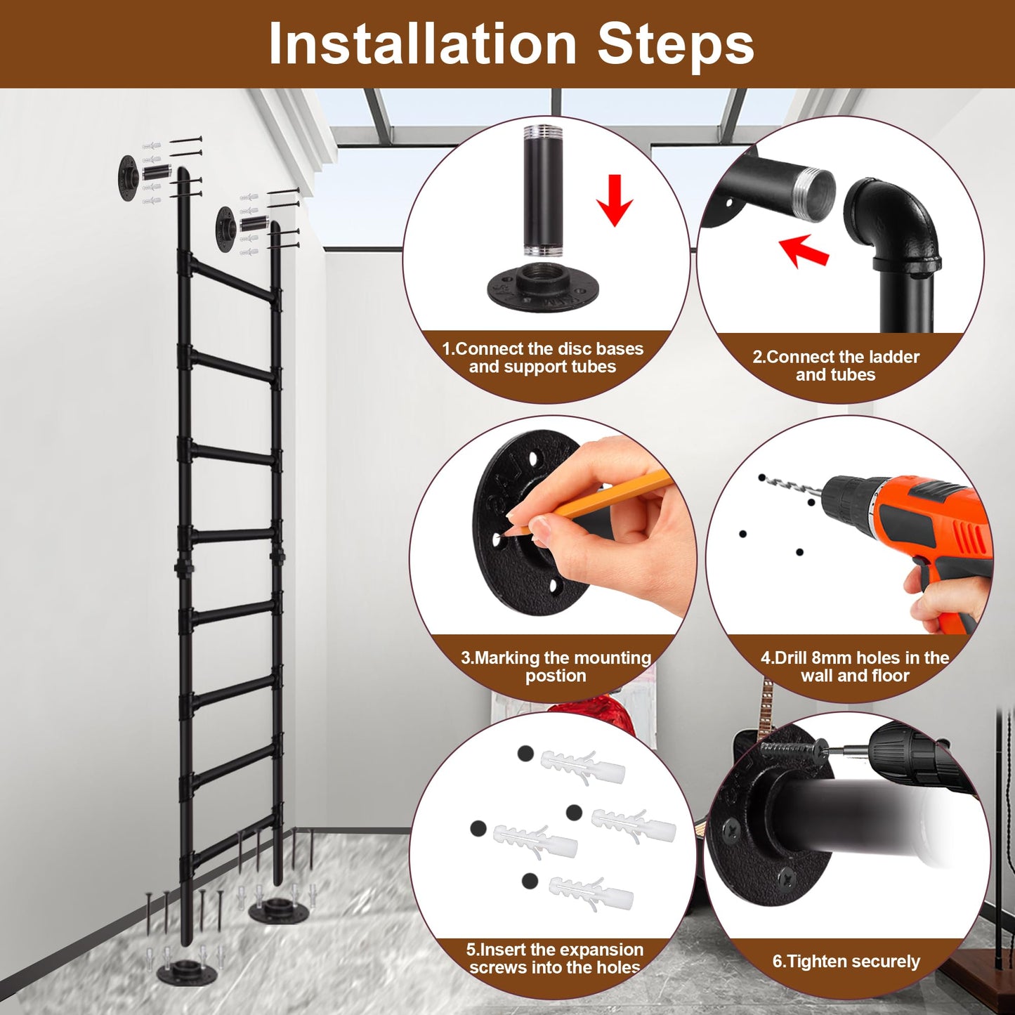 7FT/213cm Metal Loft Ladder, 7-Step Wall Floor Mounted Step Ladder for Egress Window Well, 330lbs Heavy-Duty Load Capacity, Indoor Outdoor Use for Home, Basement, High Entrance Loft Bed, Attic