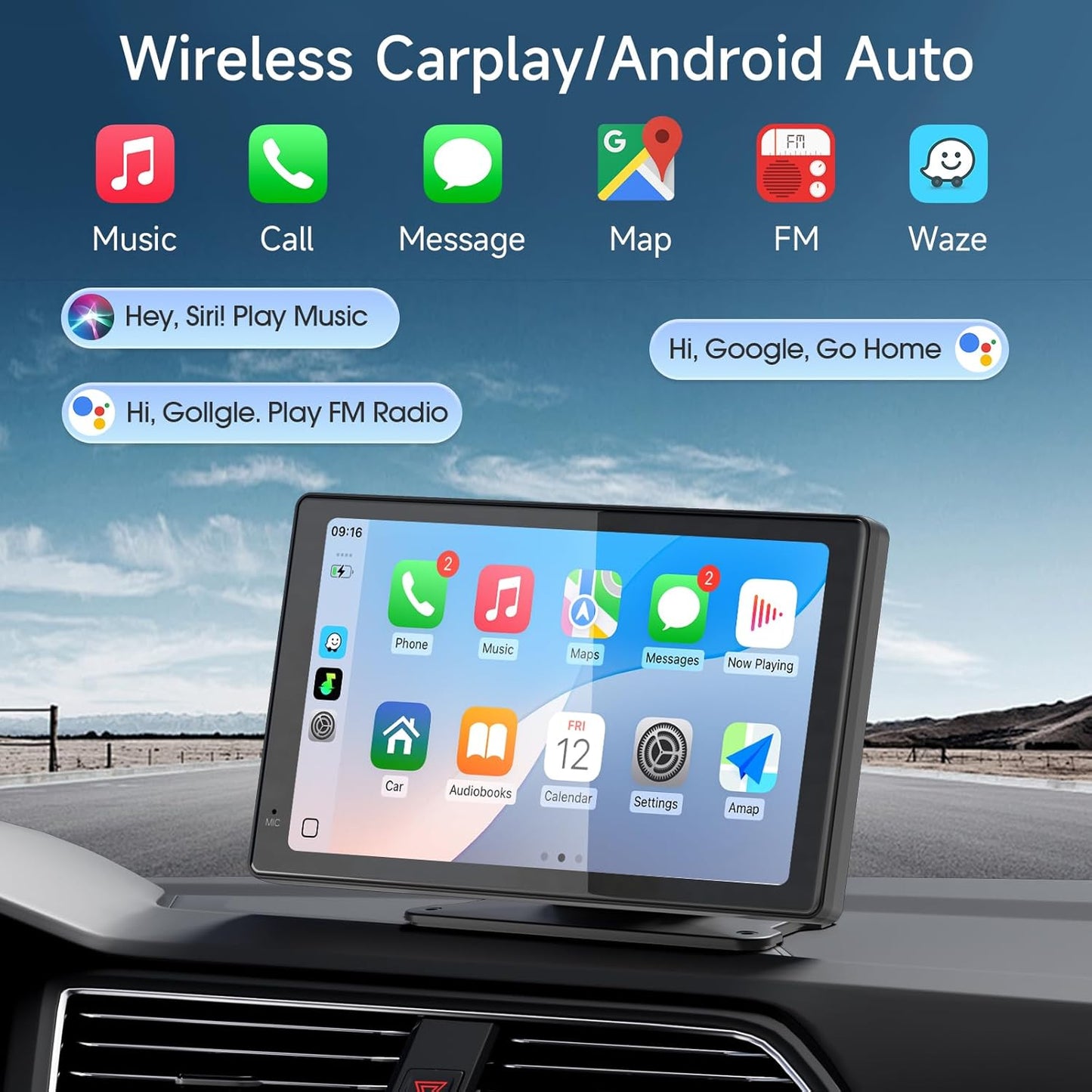 Haudio 7" 1080P Wireless CarPlay & Android Auto Screen for Car, Portable Car Stereo with Front & Rear Dash Cam, Backup