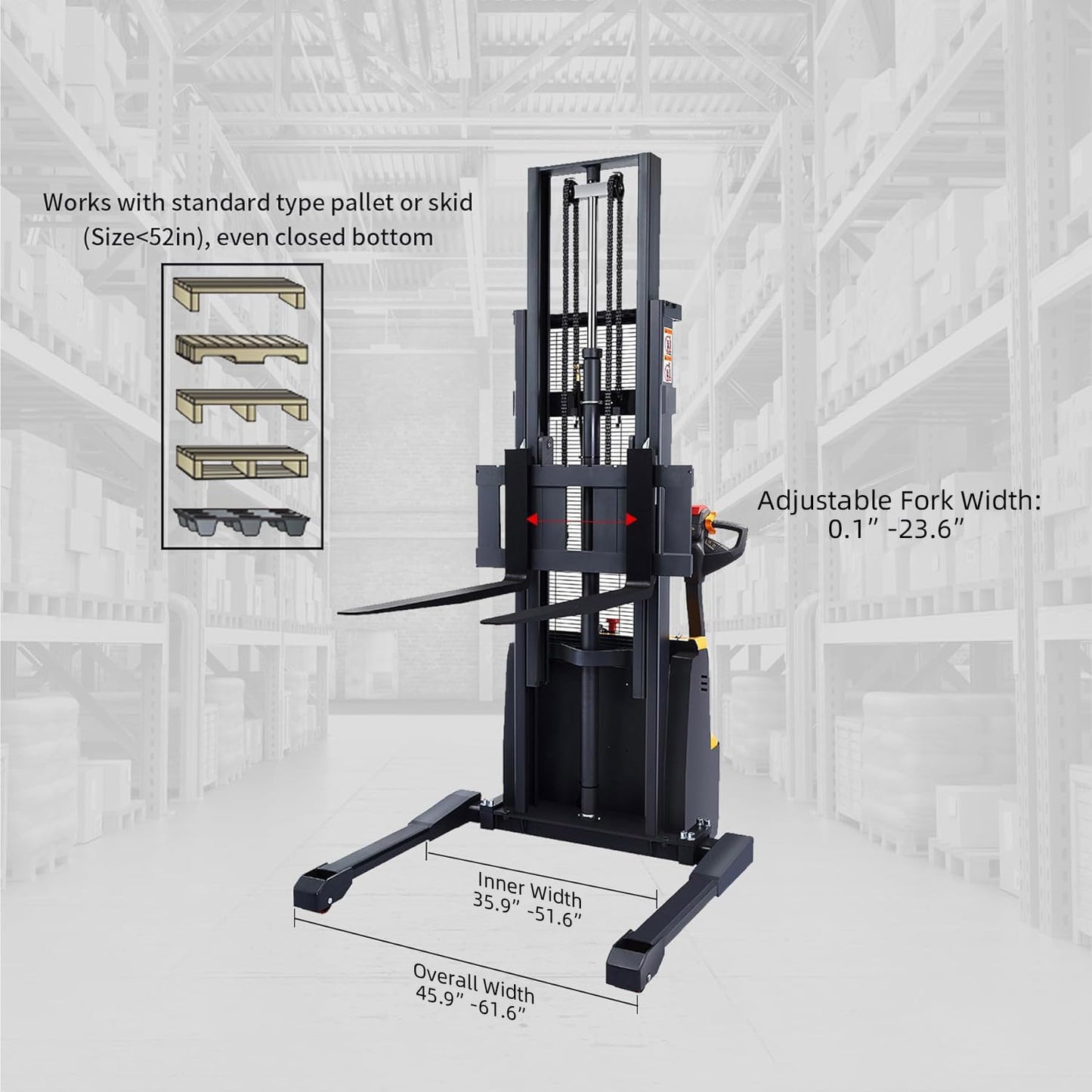 APOLLOLIFT Fully Powered Drive and Lift Electric Stacker with Straddle Legs 3300 lbs Capacity 118" Lift Height, Adjustable Forks Material Lift