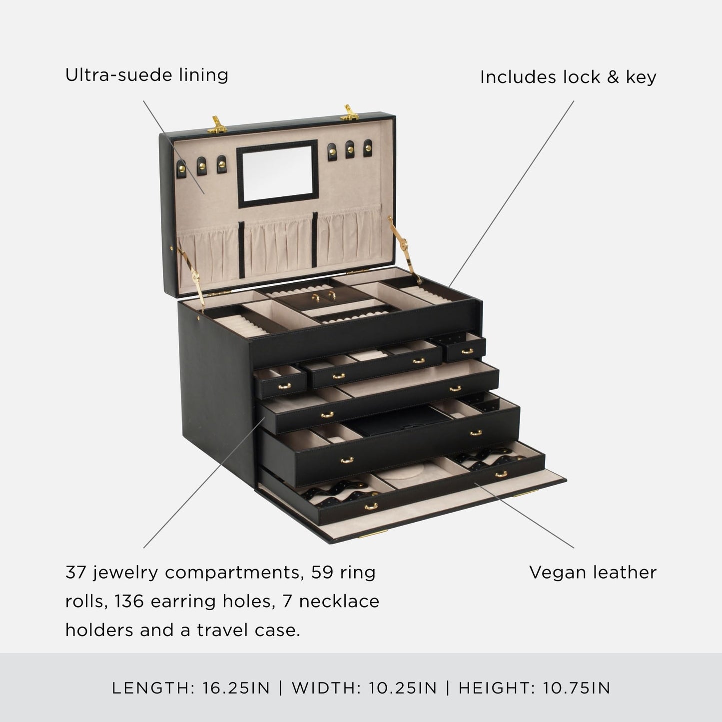 WOLF Heritage Jewelry Armoire, Black - 37 Compartments, 59 Ring Rolls, 136 Earring Holes, Seven Necklace Holders & Four Watch Compartments - Includes Travel Case
