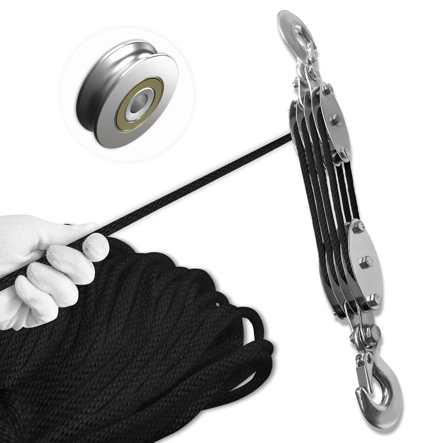 SALIFTFE Block and Tackle Pulley System, Upgraded 4-Wheel Rope Pulley Hoist, 8:1 Lifting Power, 2200LB Work Load with 65Ft of 1/4" Rope, Ultra-Compact Rope Hoist for Garage, Hunting, and Heavy Lifting