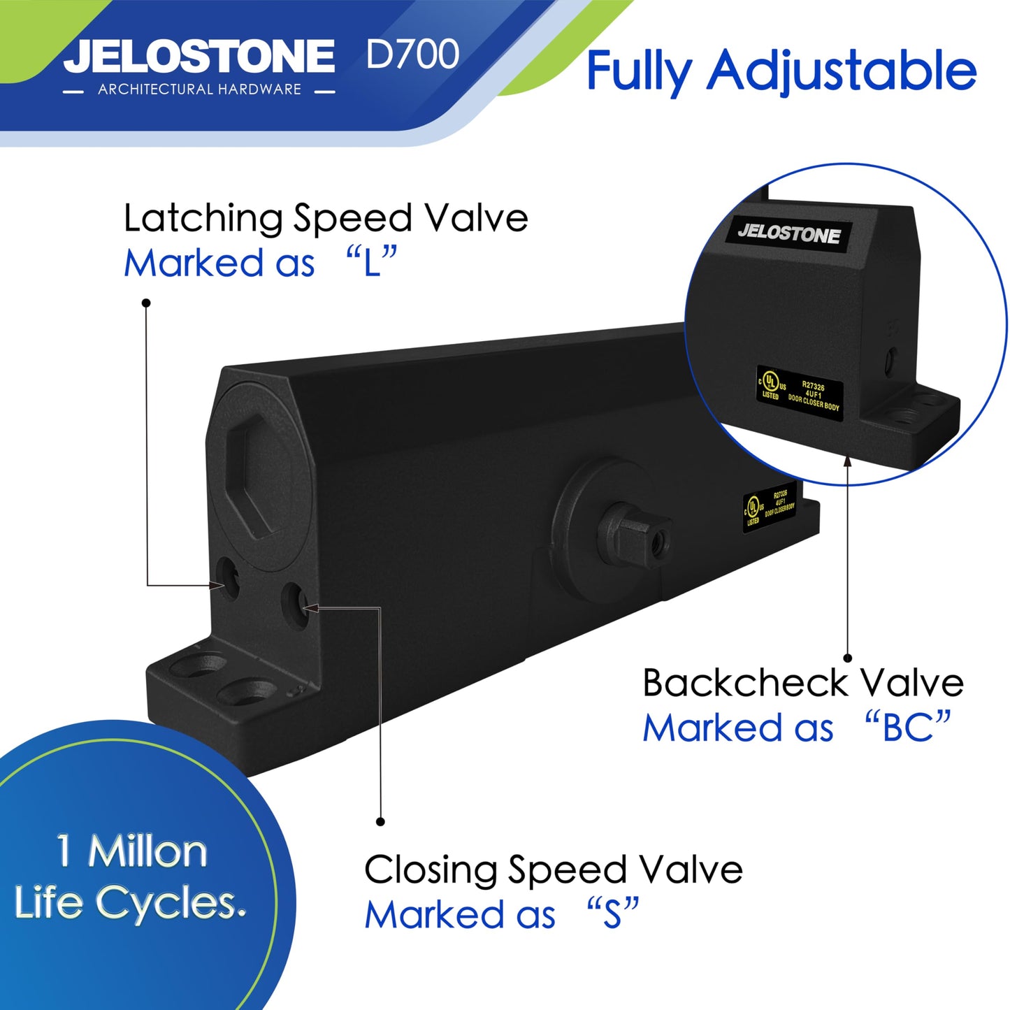 JELOSTONE Medium Duty Commercial Door Closer D700, 3 Valves Closing/Latching/Backcheck, UL 3 Hour Fire Rated, Fixed Size #3 Spring Power, Door (55-150LB/33-36 in), Indoor/Outdoor (Matte Black)