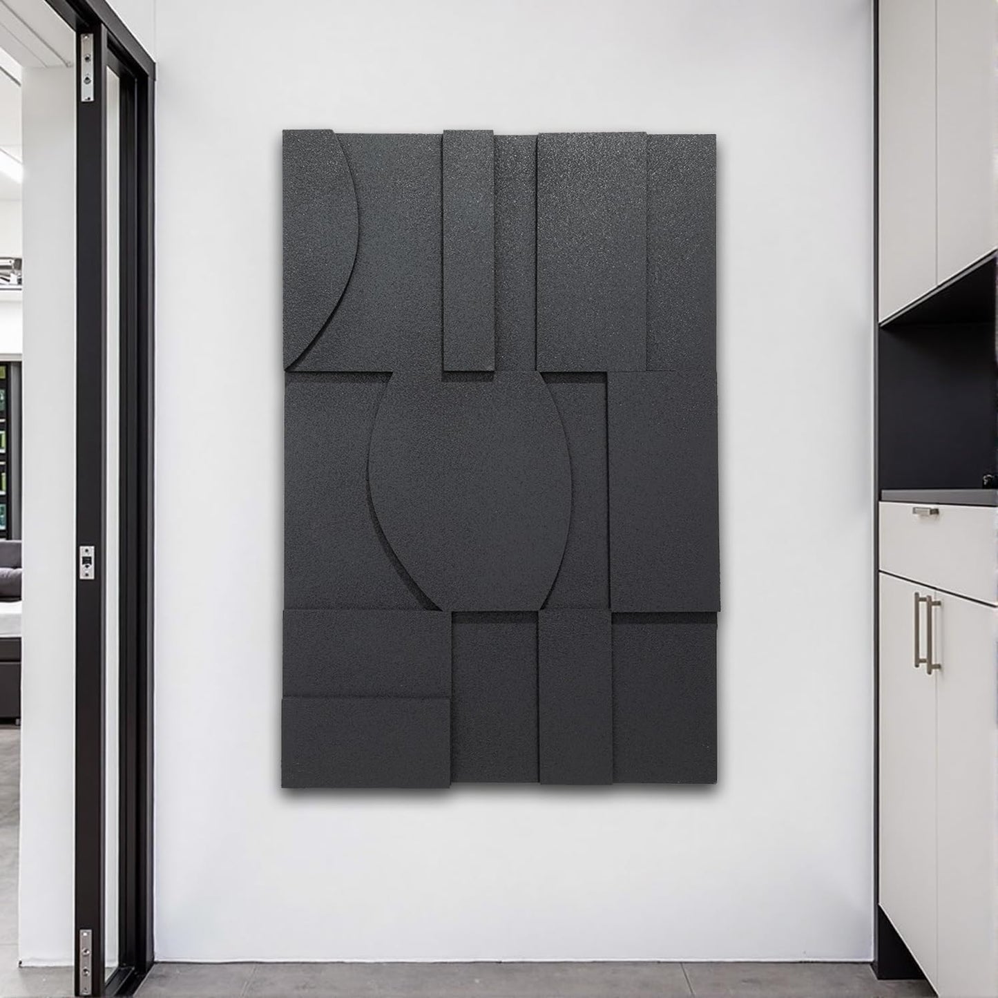 OIUYTOH 3D Textured Abstract Wall Art - Modern Black & Beige Geometric Design | 24x36 Inch Decor for Living Room, Dining Room, Bedroom, Office