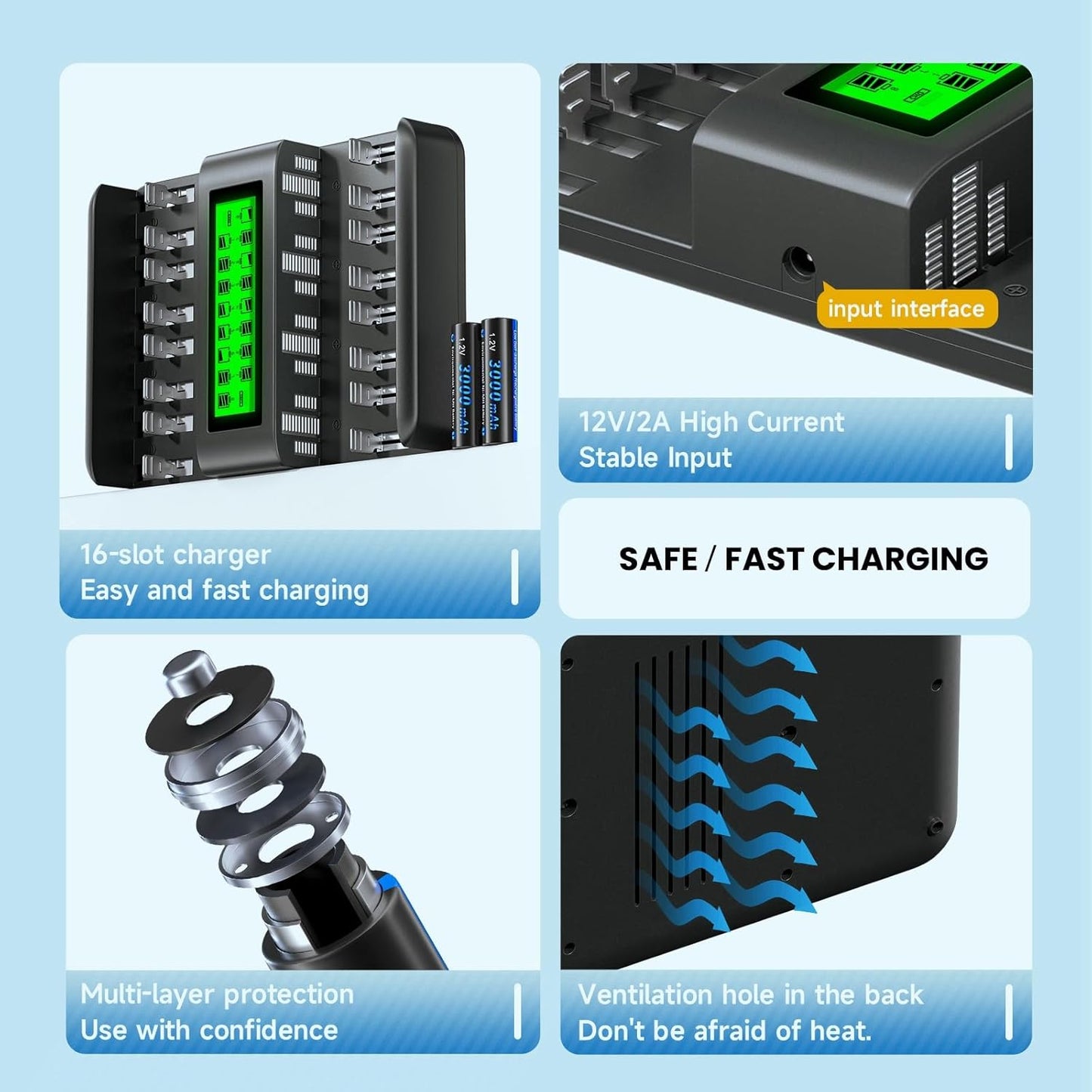 CITYORK 16 1.2V Bay Rechargeable Battery Charger Smart LCD Display for AA AAA C D Ni-MH Ni-CD Rechargeable Batteries