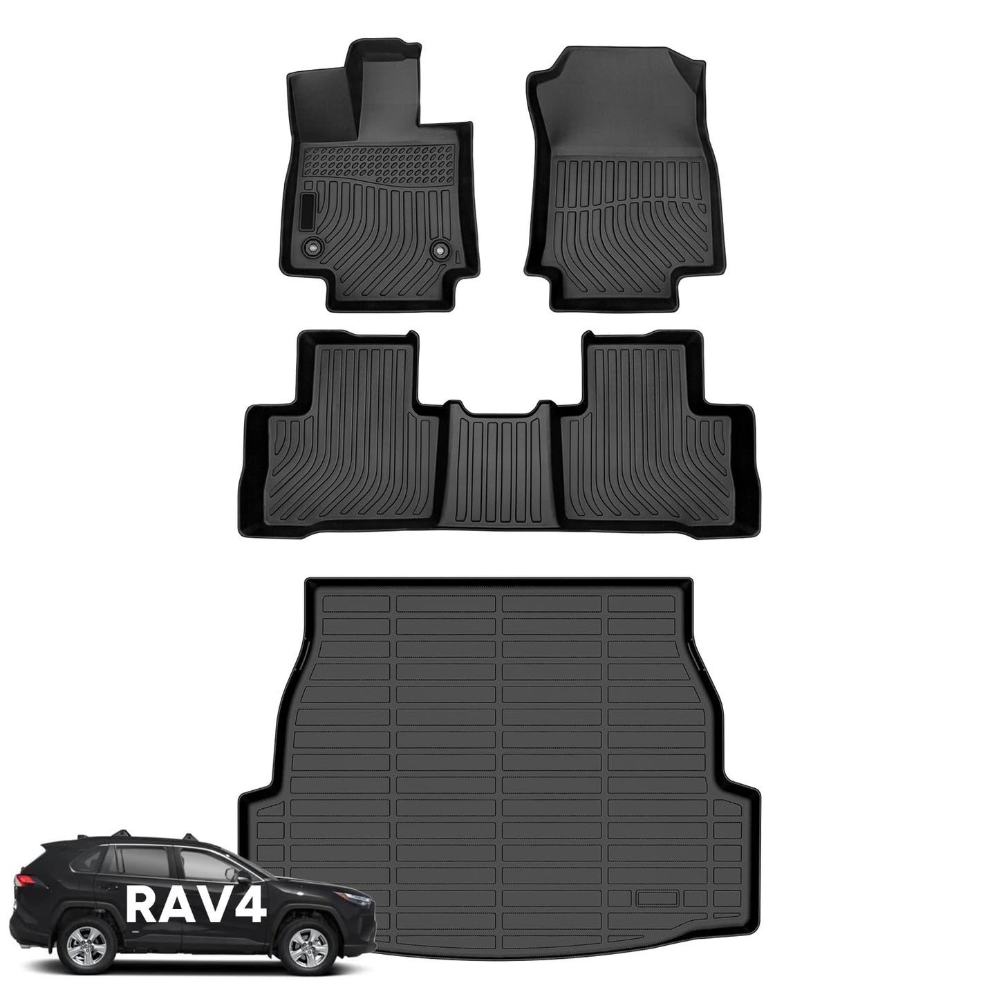 Wayhigh® Floor Mats & Cargo Liner for Toyota RAV4 Hybrid 2019-2024 2025(Only Hybrid) All Weather TPE Car Mats Waterproof Heavy Duty Floor Liners Custom Fit for RAV4 Accessories- Black
