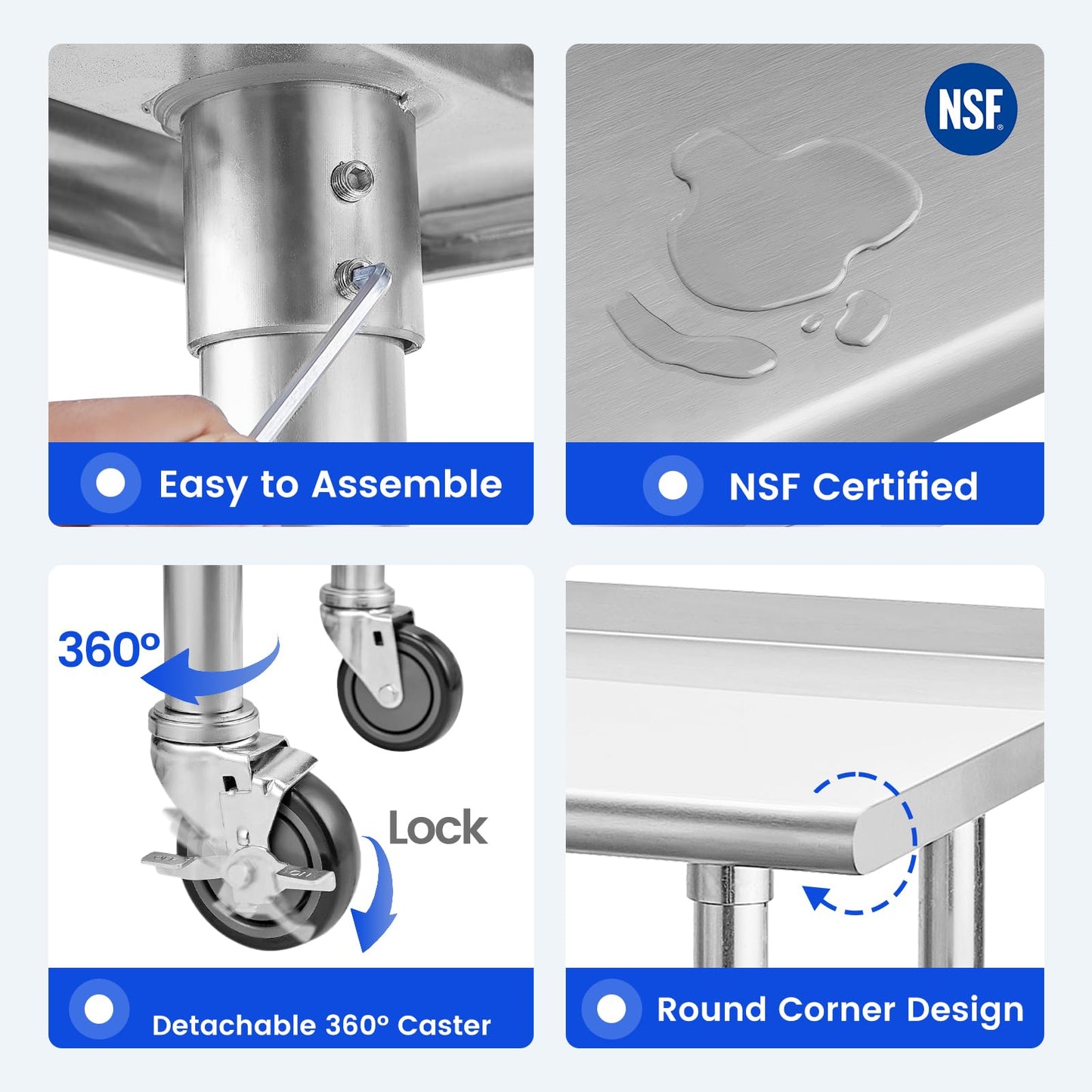 Hally Stainless Steel Table for Prep & Work 24 x 60 Inches with Caster Wheels, NSF Commercial Heavy Duty Table with Undershelf and Backsplash for Restaurant, Home and Hotel