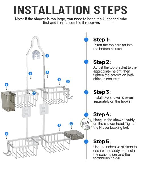 MSAICOE Adjustable Shower Caddy Hanging for Handheld Showerheads - Never Rust Shower Hanging Organizer, Upgraded Bathroom Shower Rack with Soap Basket, Hooks and Toothbrush Holder (Silver)