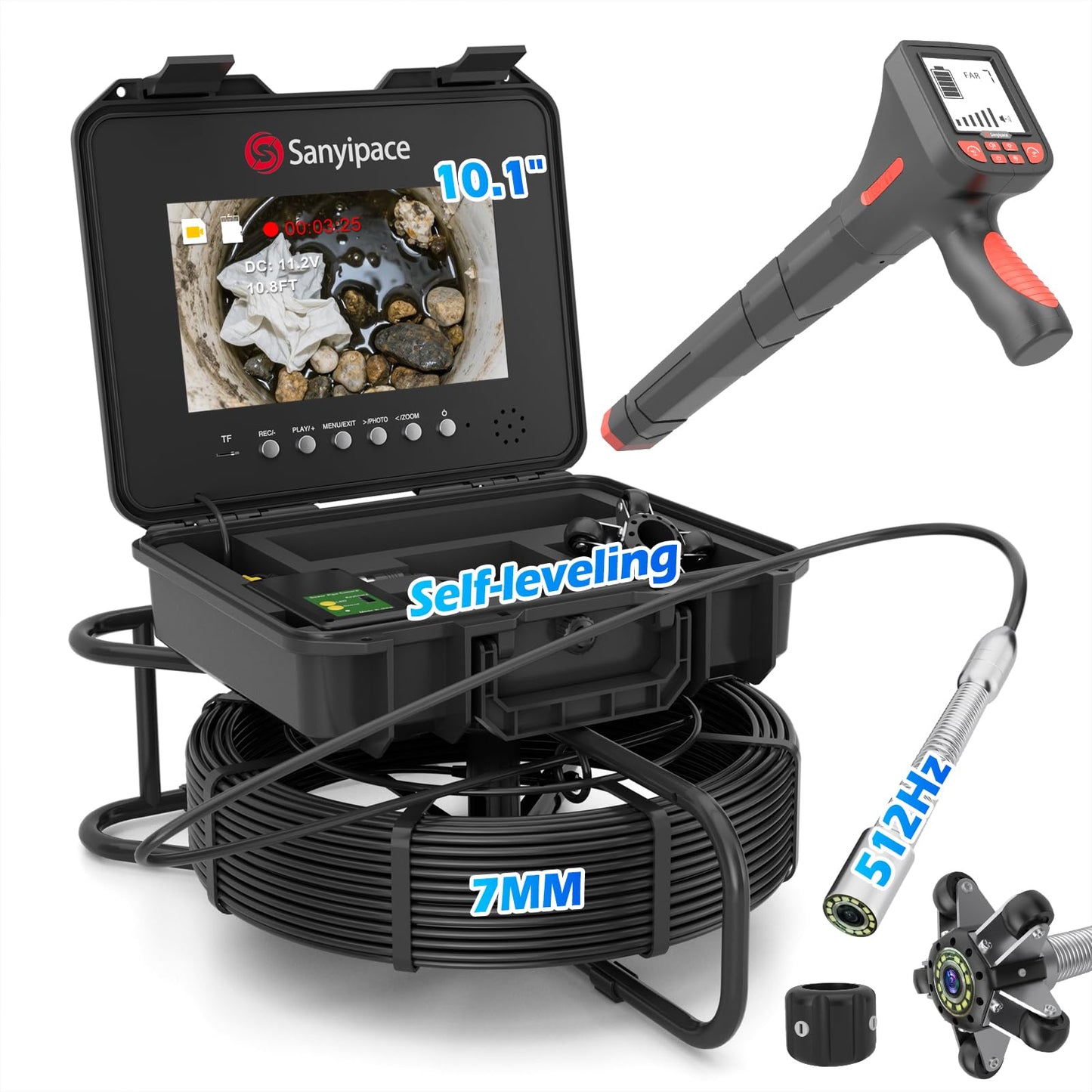 Sanyipace Sewer Inspection Camera, 328FT/100M Drain Camera with Locator, 7MM Stiffer Cable, Self-Leveling, 512Hz Transmitter, 10.1" Screen Pipe Camera, 32GB Card, Distance Counter