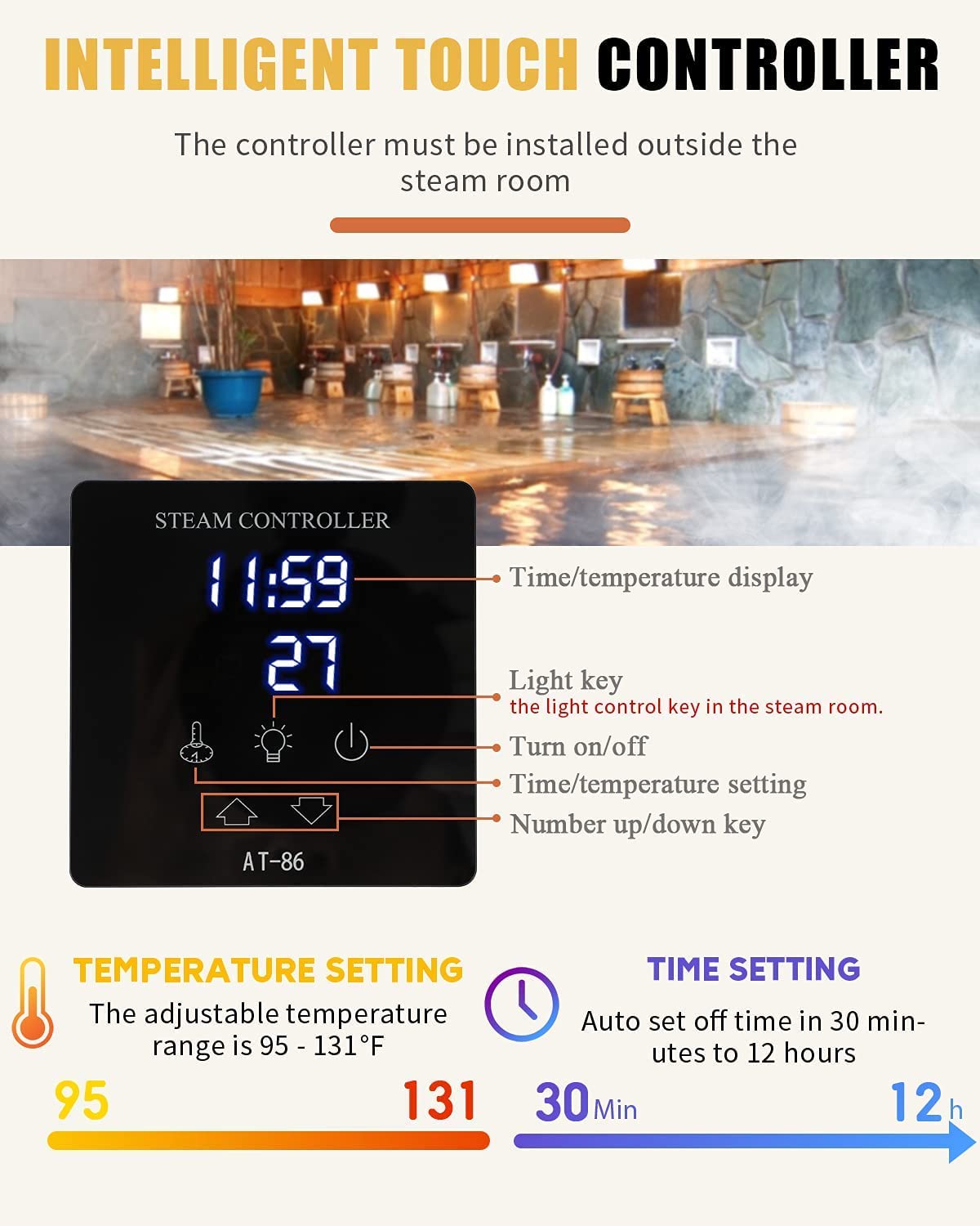 CGOLDENWALL 12KW Commercial Self-Draining Steam Generator Shower System Home Steam Bath Spa Generator 30 min to 12 Hours with Auto Drain 95-131℉ for Suitable Space Heating 12 m³/424 Cubic feet (12KW)