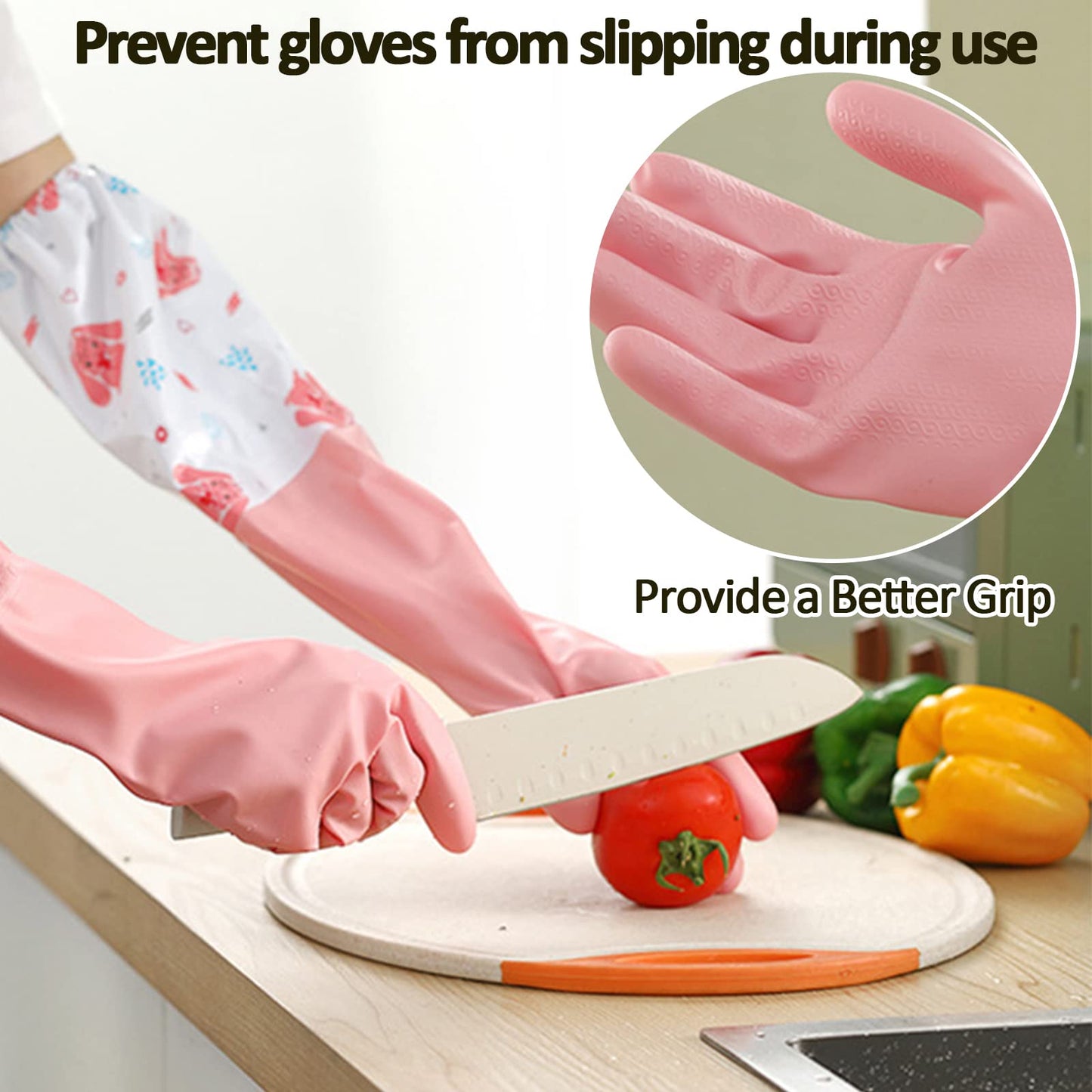XIACIBDUS 3pcs Dishwashing Cleaning Gloves, Waterproof Reusable Kitchen Long Gloves, Latex-Free Household Gloves for Laundry, Cleaning, Working, Gardening