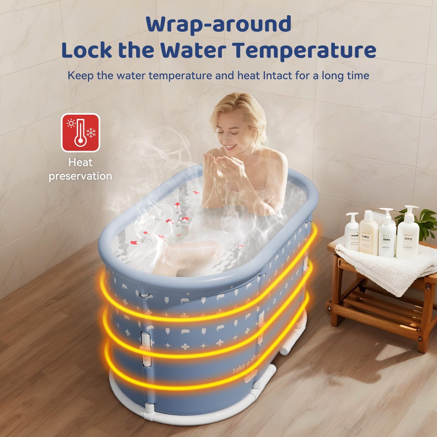 HLCZLUZ Portable Bathtub, Foldable Bathtub No Installation, Freestanding Shower Bathtubs with Cushion, Collapsible SPA Soaking Bath Tub, Hot & Ice Bath Tub for Indoor Outdoor (Water Pattern Blue)