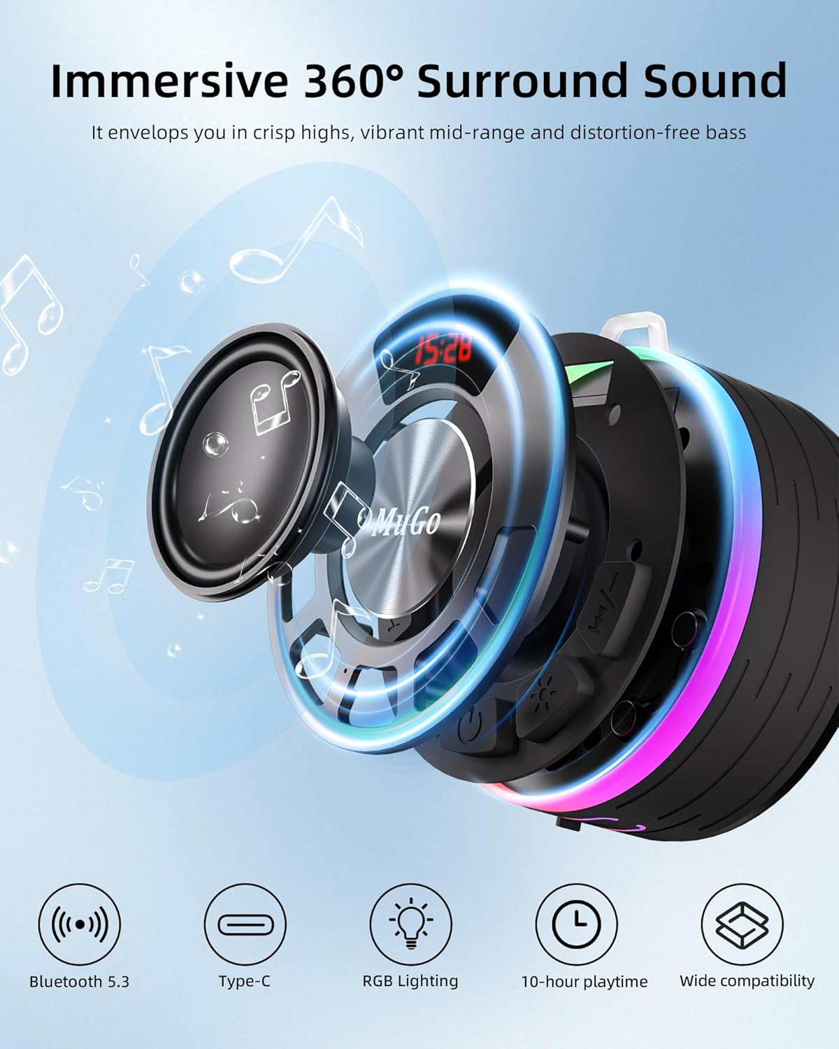 MuGo IPX7 360 5.3, 10H Waterproof Bluetooth Shower Speaker with Strong Suction Cup, Portable Wireless Speaker, HD Sound