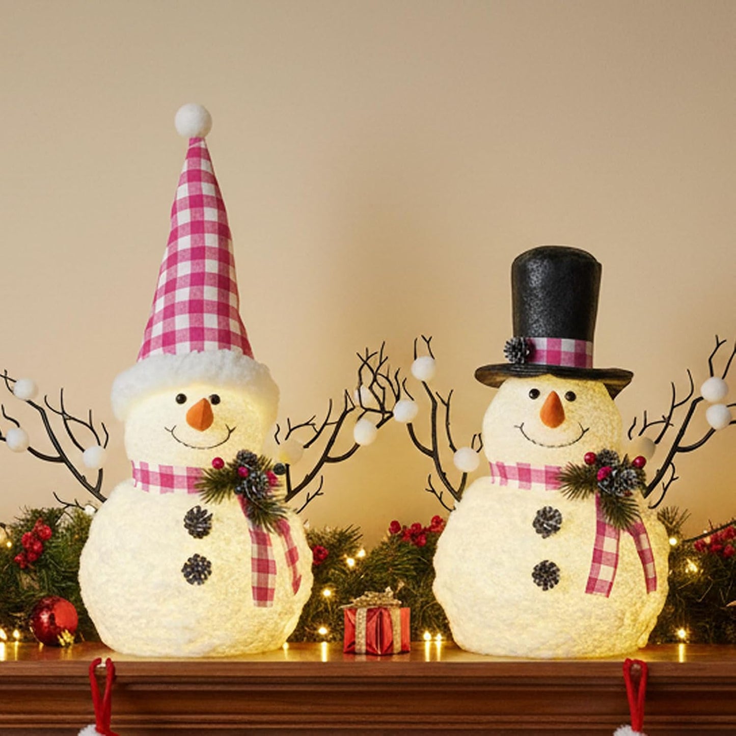 Skiennix Lighted Plush Snowmen Figurines - 14" Christmas Table Decorations | Battery Operated Holiday Ornaments