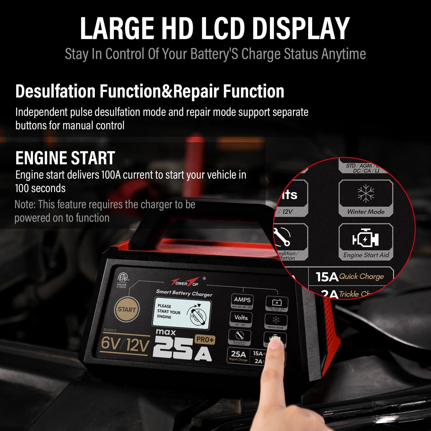 TowerTop 25A Pro+ Battery Charger, 6V/12V Car Battery Charger Fully Automatic Smart Battery Maintainer with Engine Start, Auto Desulfator, Battery Repair, for All Lead-Acid, AGM and LiFePO4 Batteries