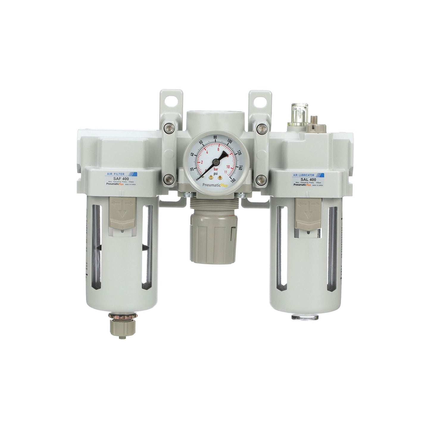 PneumaticPlus SAU400-N04G Compressed Air Filter Regulator Lubricator Combo 1/2" NPT - Poly Bowl, Manual Drain, Bracket, Gauge