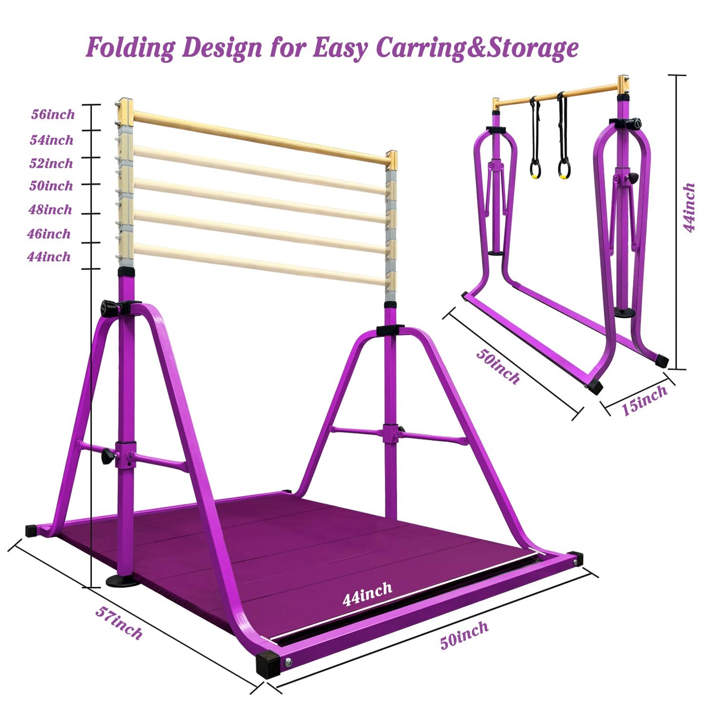 Peakpath Foldable Gymnastics Kip Bar with Mat and Ring Set,3' to 5' Height Adjustable,Kids Gymnastic Equipment for Ages 3-15,Indoor and Home Training- Max Load 350LBS