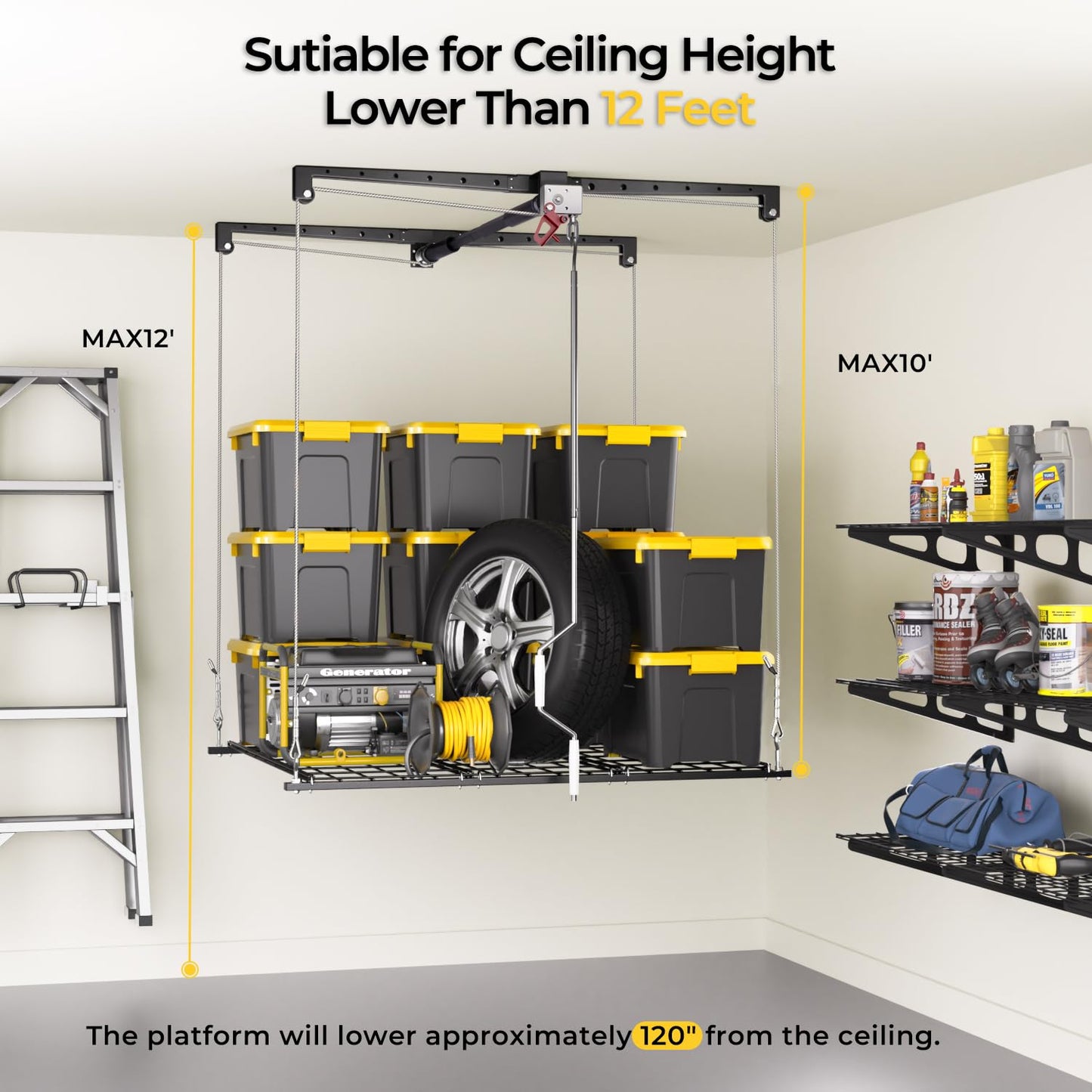 Overhead Garage Storage Rack for 10-12ft Ceiling, Heavy-duty 4x4 FT Garage Ceiling Storage Racks with Safety Lock, Ideal for Storage Mounted Lift System and Storage Organizer, 250lbs Capacity