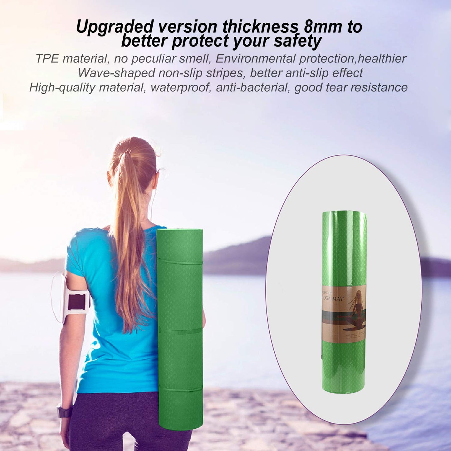 QMKGEC Yoga Mat 1/3" (8mm) Thick Non-Slip, Women Men Fitness & Exercise Mat, 72"Lx24"W Eco-Friendly TPE Workout Mat with Carrying Strap for Yoga, Pilates, Home Gym, Floor Exercises