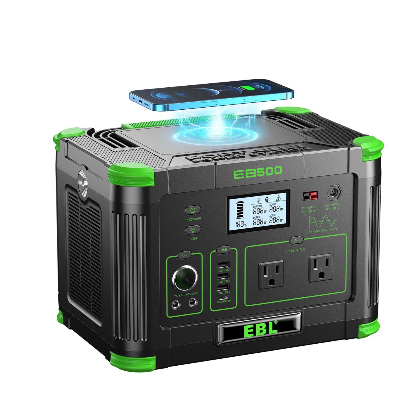 EBL Portable Power Station 500w(Peak 1000W), Camping Solar 519.48Wh Outdoor Solar Generator Backup Battery Pack with 2x120V AC Outlets, 10-Port Powerhouse for Outdoor and Indoor Emergency Use
