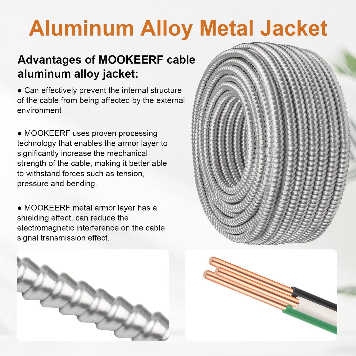 MOOKEERF 14/2 MC Cable with Ground - 10FT Pure Copper 14AWG/2 Metal Clad Wire with Aluminum Armor 14 Gauge 2 Conductor Type MC Alum Cable
