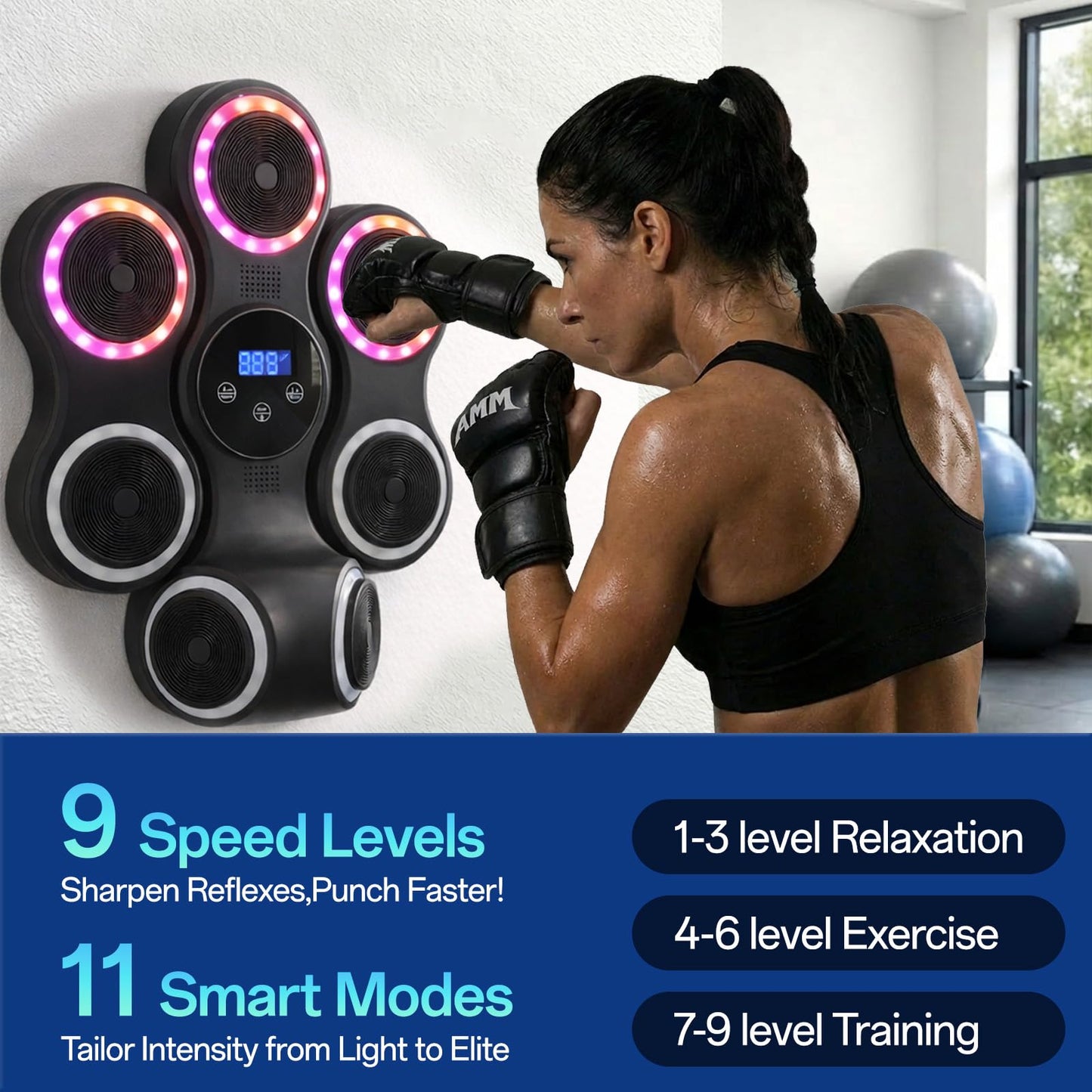 Strenellea Music Boxing Machine for Adults, Music Punching Machine with Gloves, Interactive Wall Mounted Electronic Boxing Target with 11 Modes & 9 Speeds, Gift for Men and Kid (RGB Light)