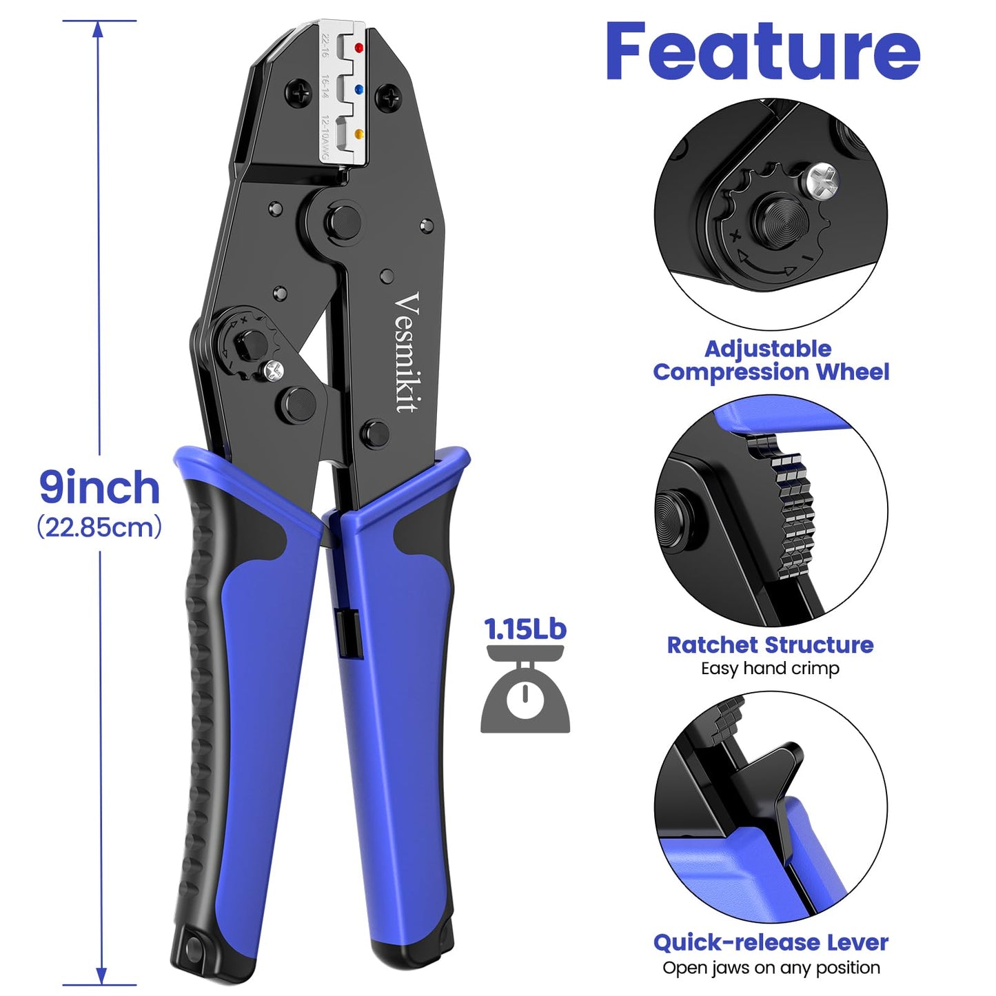 Wire Stripper and Crimping Tool,AWG 24-10 Automatic Stripper Tool with AWG 22-10 Ratchet Wire Crimper For Heat Shrink Connectors and Insulated Terminals, 3 in 1 Stripping/Cutting/Crimping