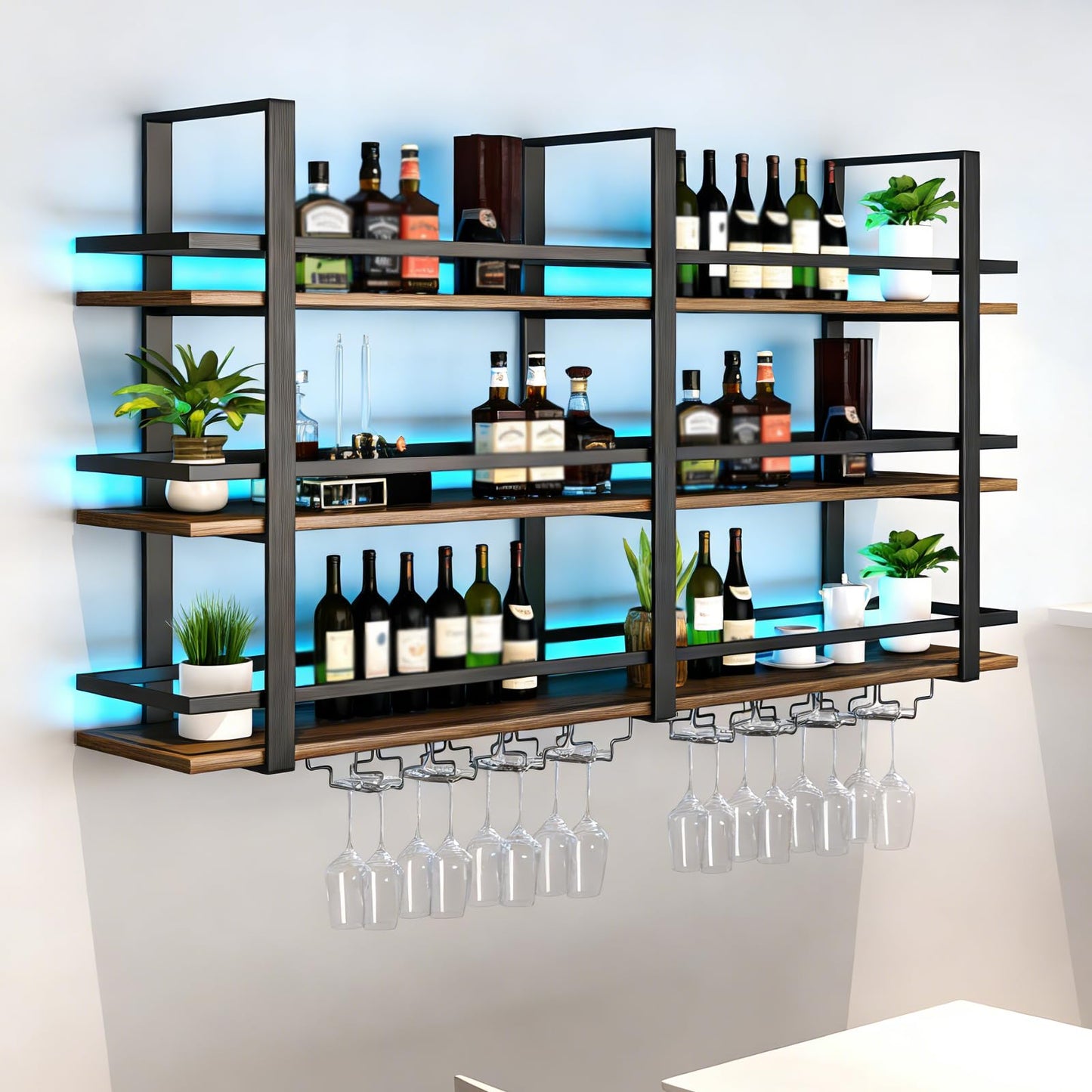 amhricho Wine Rack Wall Mounted with LED Lights, 3 Tier Metal Liquor Floating Display Shelves, with Wine Glass Rack, Iron & Wood Industrial Wall Wine Rack, for Bar, Kitchen, Cafe (Black, 39.4in)