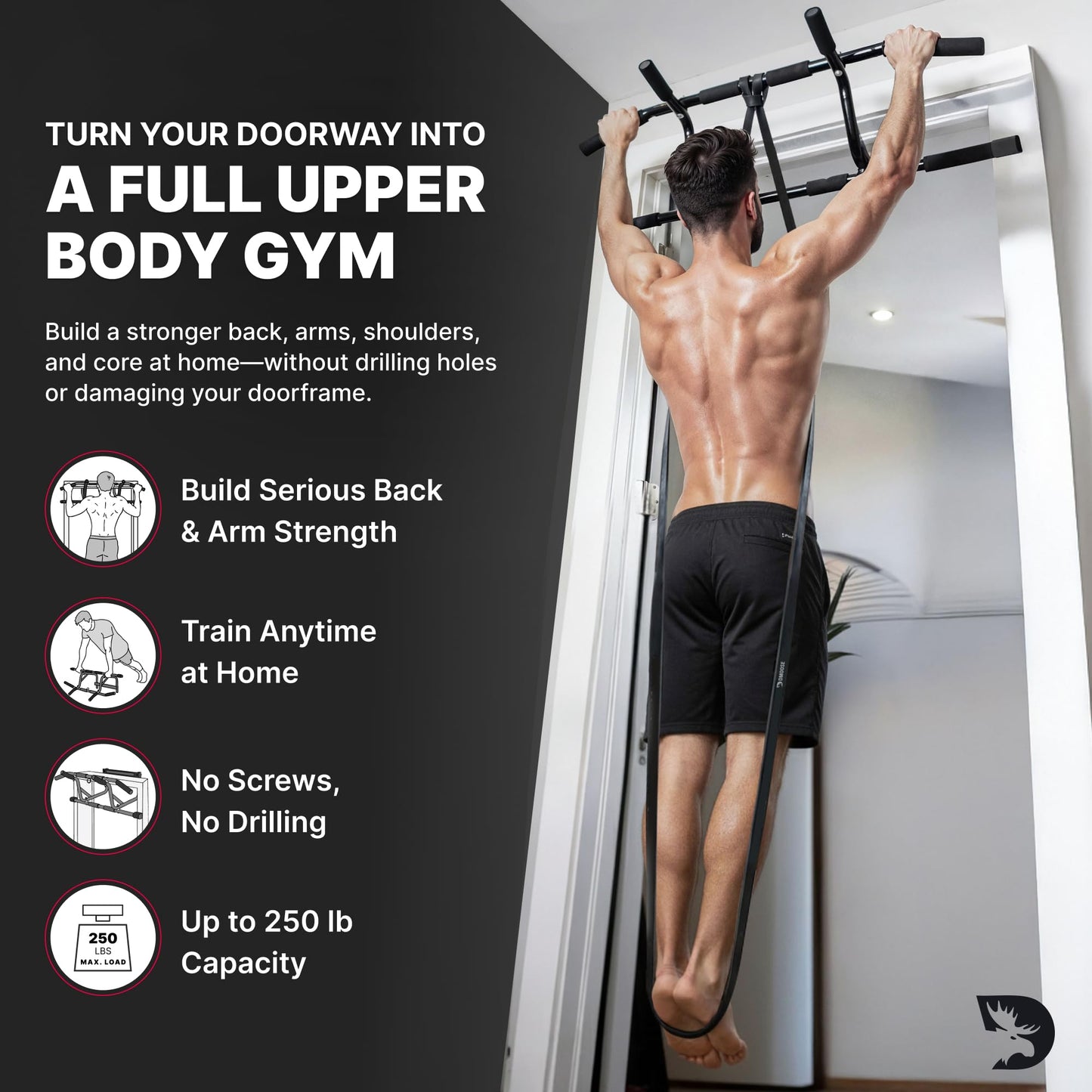 DMoose Fitness Pull Up Bar for Doorway with Pull Up Band - 250 lb Capacity, No Screws, Multi-Grip Chin Up Bar for Home Workouts, Upper Body & Strength Training - Includes Installation Guide