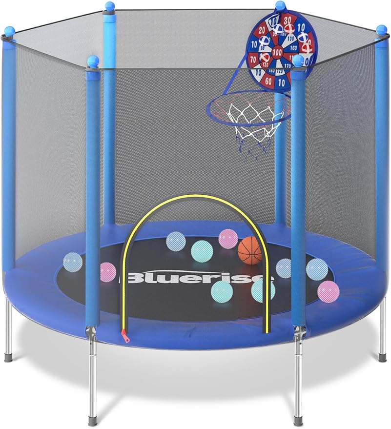 BLUERISE Trampoline 55IN 6FT Toddler Trampoline for Kids Indoor Outdoor Play for Kids Trampoline Basketball Hoop Attachment with Enclosure Net Easy to Assemble Outdoor Indoor Trampoline