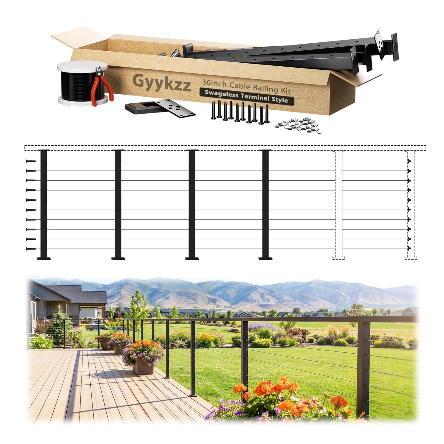 Gyykzz 36" 12–20FT Swageless Cable Railing Kit, Black Modular Railing System 4 Level Post Kit with Patented No-Crimp Terminals, Cable Length Adjustable Easy DIY for Deck, Stair, Balcony (No Handrail)