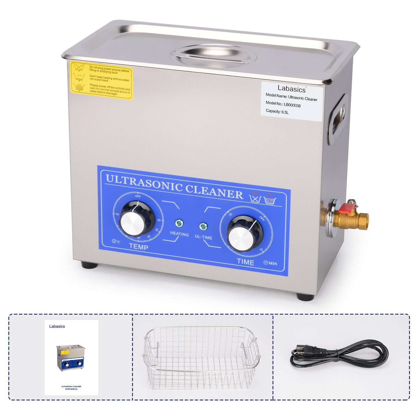 Labasics Ultrasonic Cleaner, 304 Stainless Steel All-purpose Ultrasonic Washing Device with Mechanic Control Panel of Heating and Timer for Laboratory 40kHz 110V, 6.5L