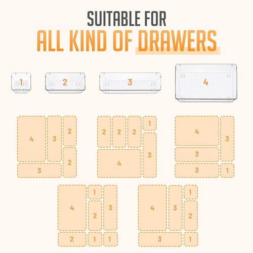 Masirs Clear Drawer Organizers Set – 25 PCS Stackable Plastic Storage Bins for Home & Office | Non-Slip Design