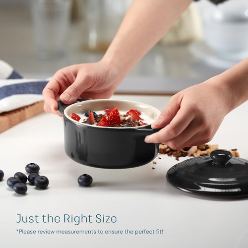 Kook Ceramic Mini Cocotte Set - 12 oz Individual Baking Ramekins | Oven Safe, Microwave & Dishwasher Safe, Black - Set of 4