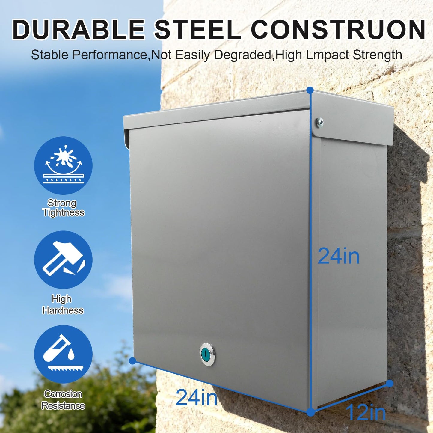 Steel Indoor/Outdoor Electrical Junction Box, 24×24×12 inches Waterproof and dustproof Electrical Enclosure with mounting Base Plate Wall-Mounted Lockable Electrical Junction Box