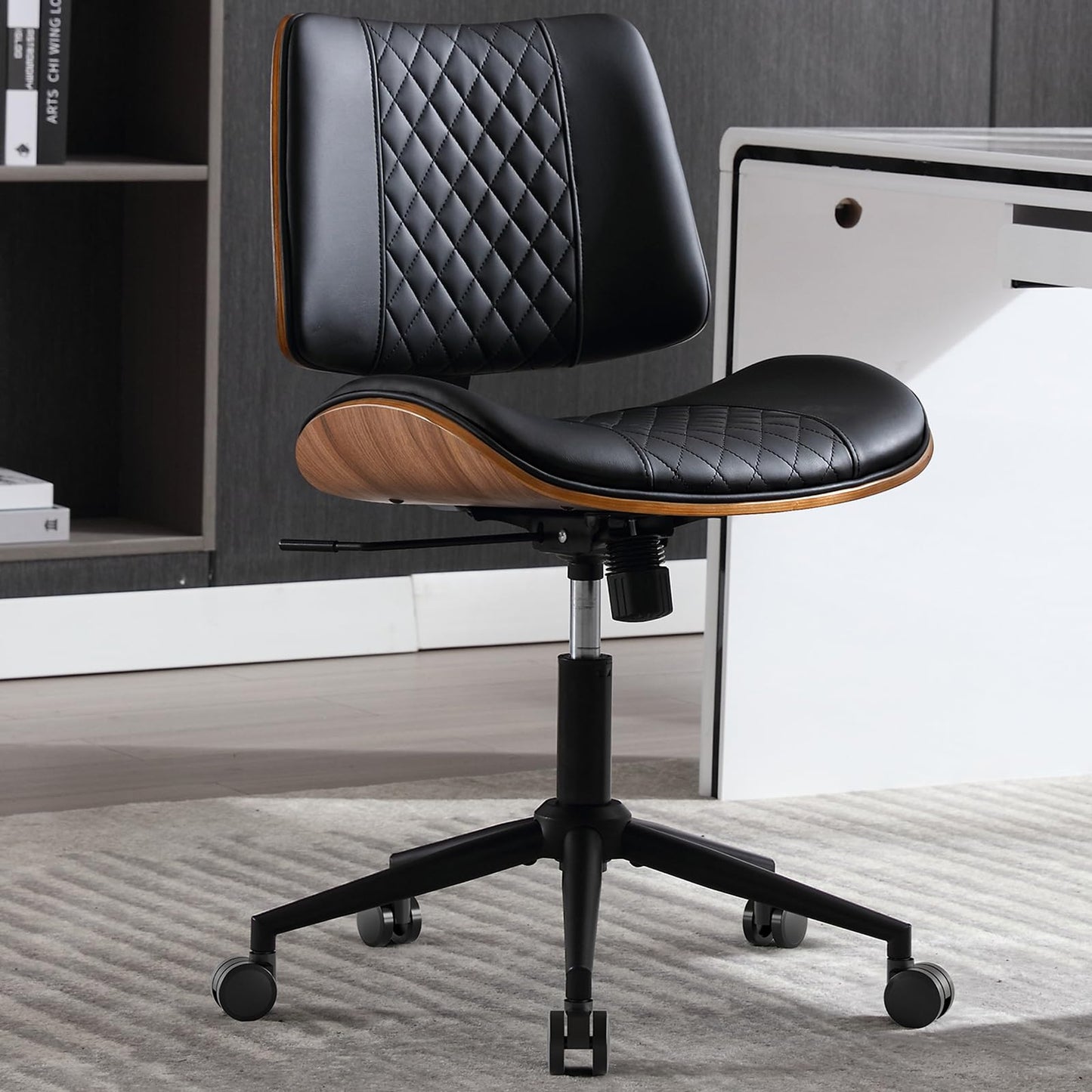 BERYTH Home Office Chair No Arms with Wheels, Adjustable Height Small Desk Chair, PU Leather Mid Back 360 Swivel Computer Chair, Armless Modern Walnut Chair for Office, Reading Meeting Room(Black)