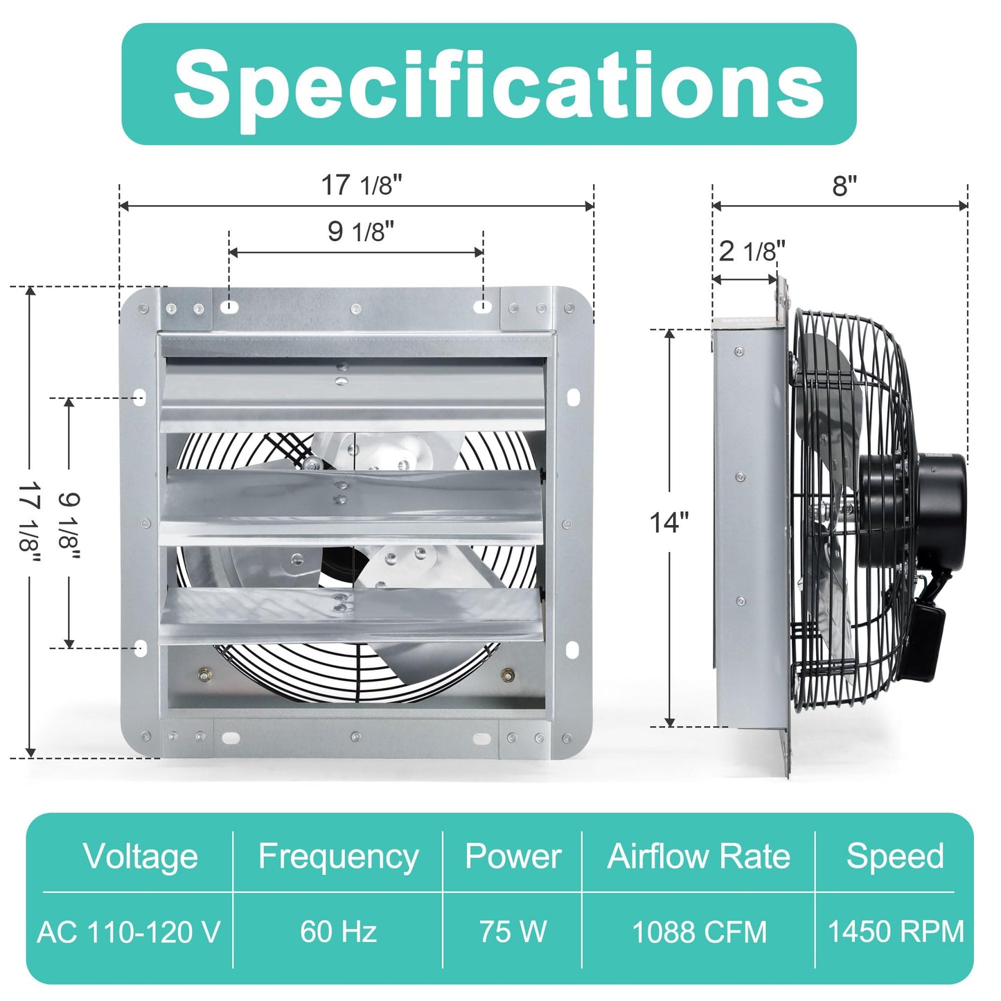 Hipoilk 14 Inch Shutter Exhaust Fan, High Power Wall Mount Attic Fan with Thermostat and Speed Controller for Greenhouses, Sheds, Garages, Chicken Coops, Barns Ventilation, 1088 CFM