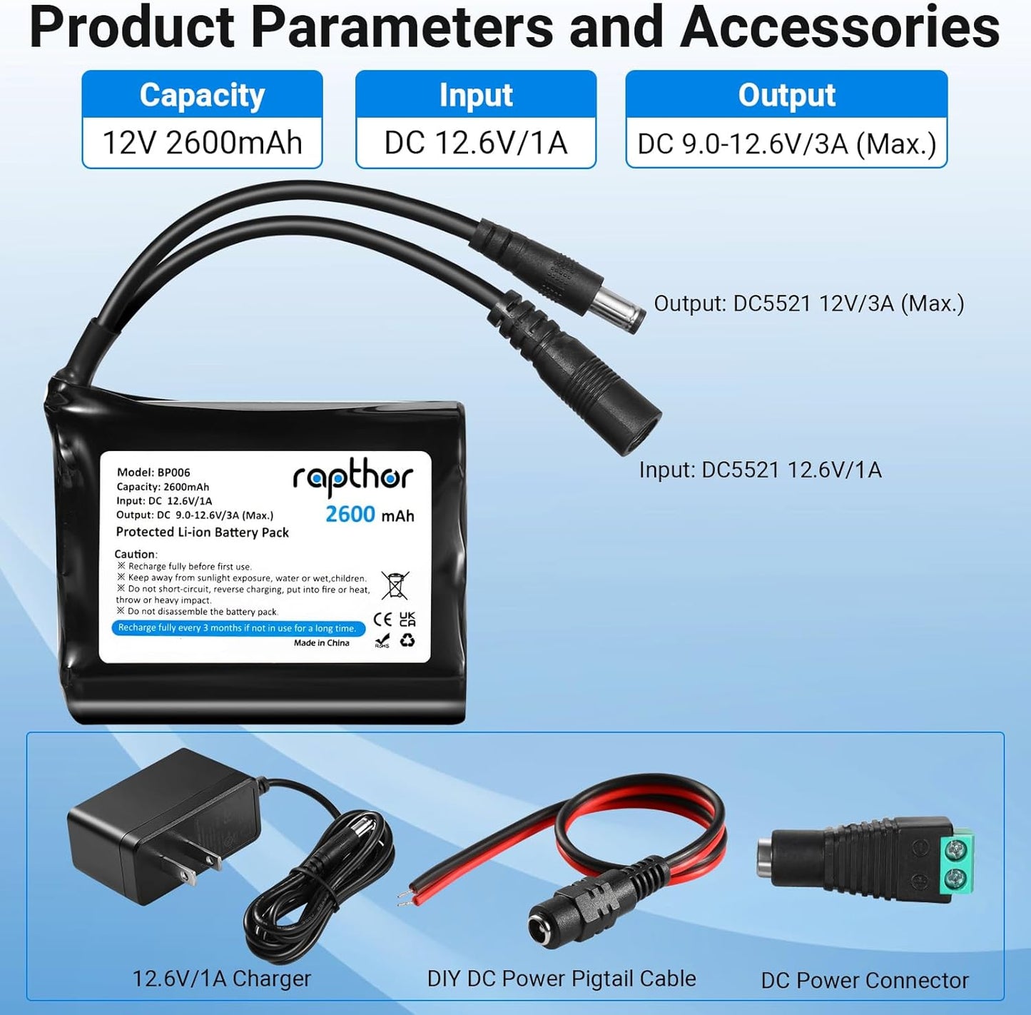 rapthor 12V 2600mAh Pack 12.6V 3A Rechargeable Li-ion Battery with Charger, Max DC Output Portable Battery for LED