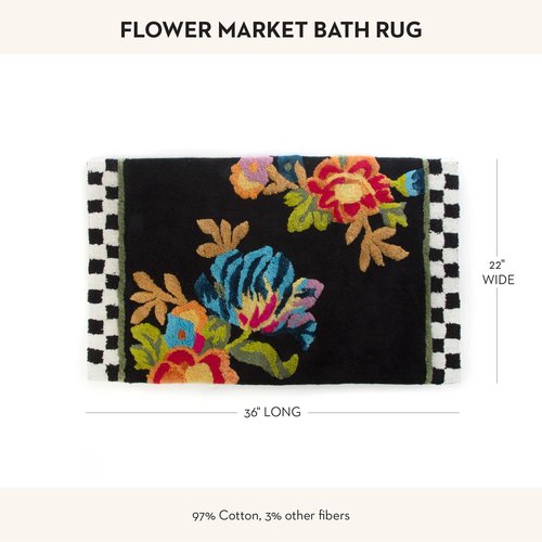 MACKENZIE-CHILDS Bath Rug, Bath Mat for Bathroom Use, Cotton Rug, Black Flower Market