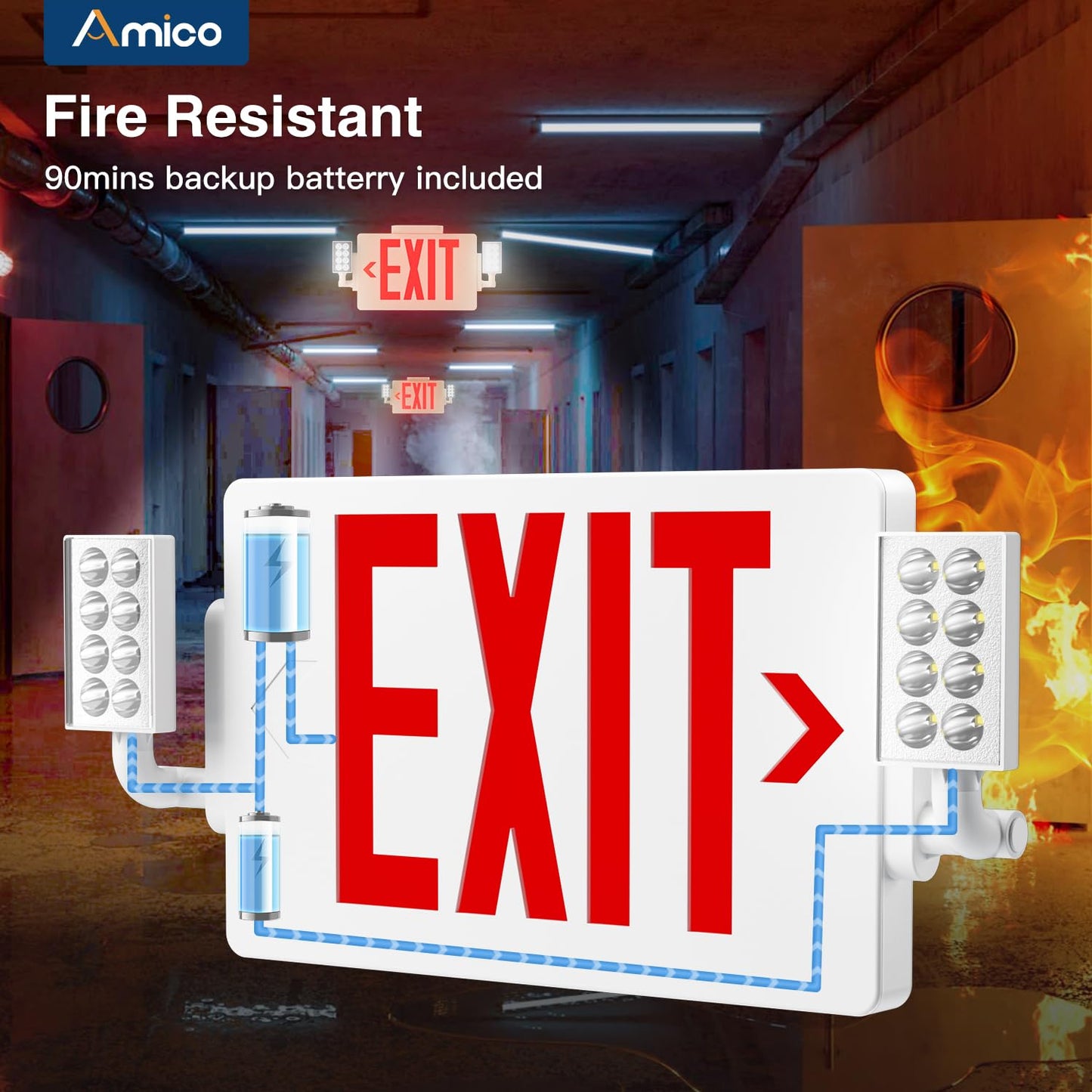 Amico 12 Pack Red Double-Sided Exit Sign with Emergency Lights, Adjustable LED Emergency Exit Lights with Battery Backup, Hard Wired,UL Certified, AC 120/277V