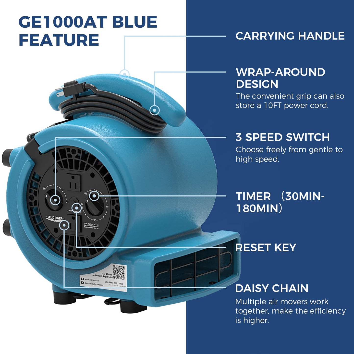 ALORAIR 1000 CFM Air Mover Blower Fan for Drying, Ventilating, Exhausting, Cooling, Utility Timer Fan with 3 Speeds, 5 Adjustable Angles, 10ft Long Cord for Home, Industrial, Commercial Use - GE1000AT