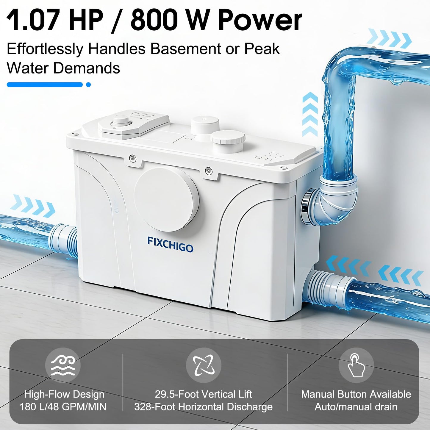 FIXCHIGO 800W Macerator Pump, Macerating Toilet System with 4 Inlets/1 Outlets, 48 GPM Flow, 29.5 FT Head, PCB Smart Control Sewage Pump for Basement, Sink, Toilet, Laundry, Kitchen