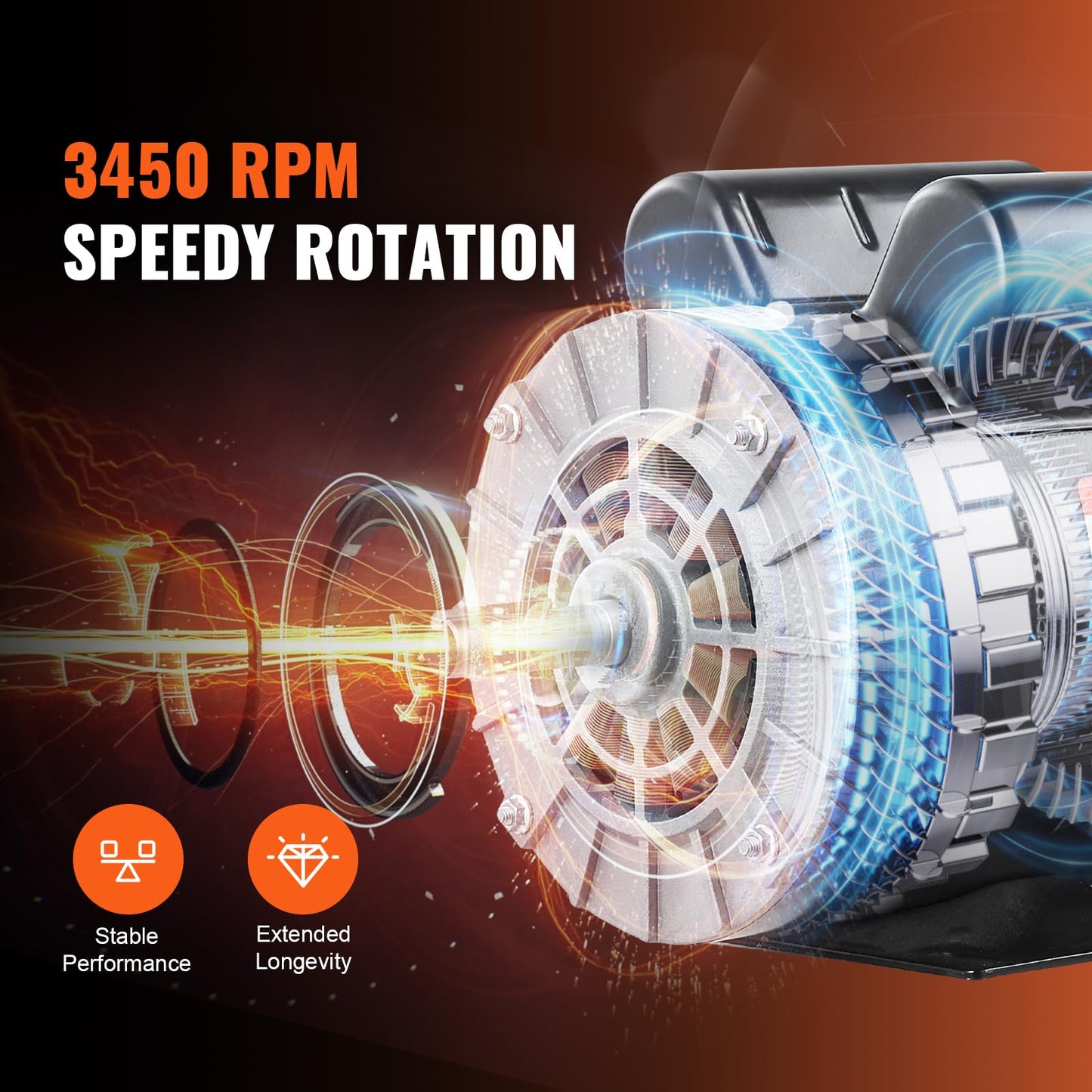 VEVOR 3HP Air Compressor Electric Motor, 230V 15.5 Amps, 56 Frame 3450RPM, 5/8" Keyed Shaft, 1.88" Shaft Length, Single Phase, CW/CCW Rotation (Factory Setting is CCW)