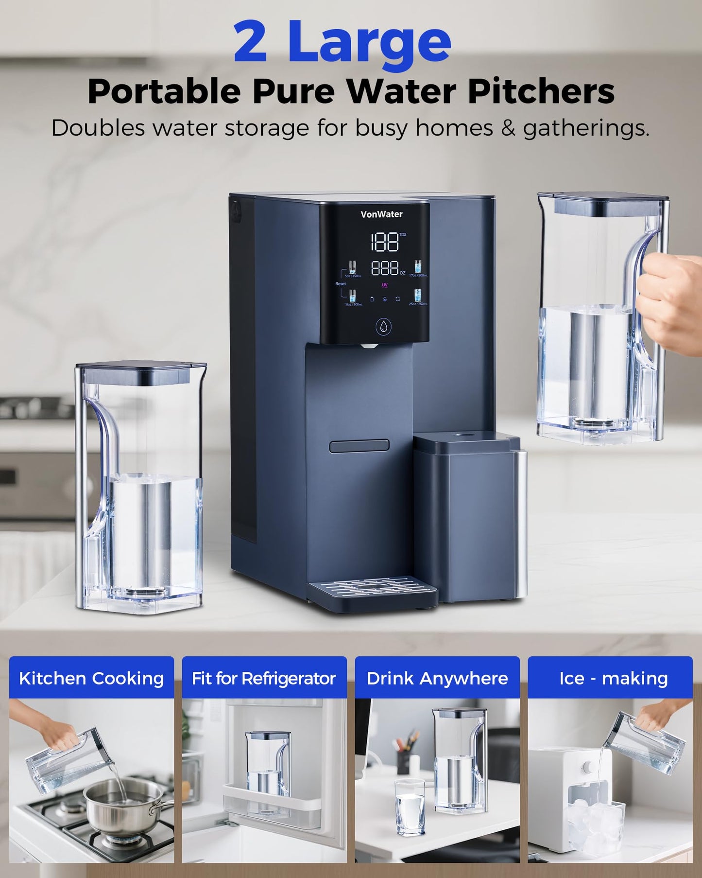 VonWater CT910WP Pure Water Pitcher 1.2L/40.6oz, for CT910 CT910H Countertop RO System (Blue)