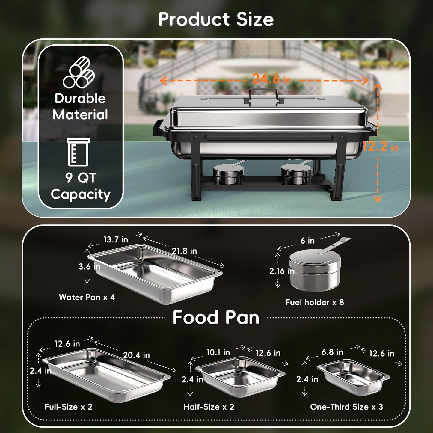 SIFER Chafing Dishes for Buffet 9Qt 4 Pack with Multi-Size Food Pans-Screwless Installation Chafing Dish Buffet Set,Foldable Handles Stacking Design,Stainless Steel for Events,Black