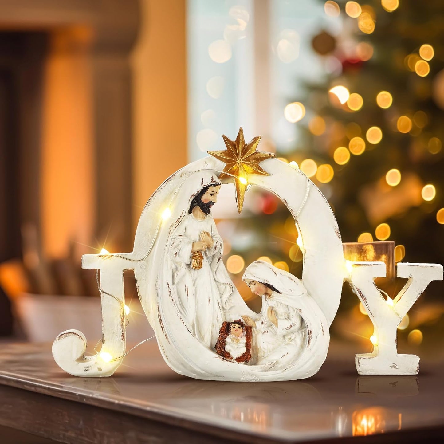Soaoo Christmas Nativity Scene - LED String Lights & Holy Family Figure Set | Indoor Tabletop Decor