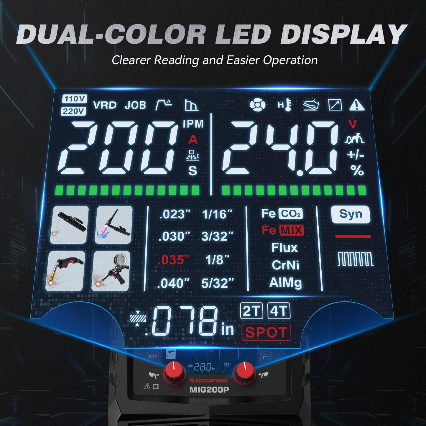 ARCCAPTAIN Pulse MIG Welder, 200A 7 In 1 Pulse MIG/Gas MIG/Flux Core MIG/Stick/Lift TIG/Spot Welding/Spool Gun 110V 220V Aluminum Welding Thin Sheet Metal Welding Machine with LED Digital Display