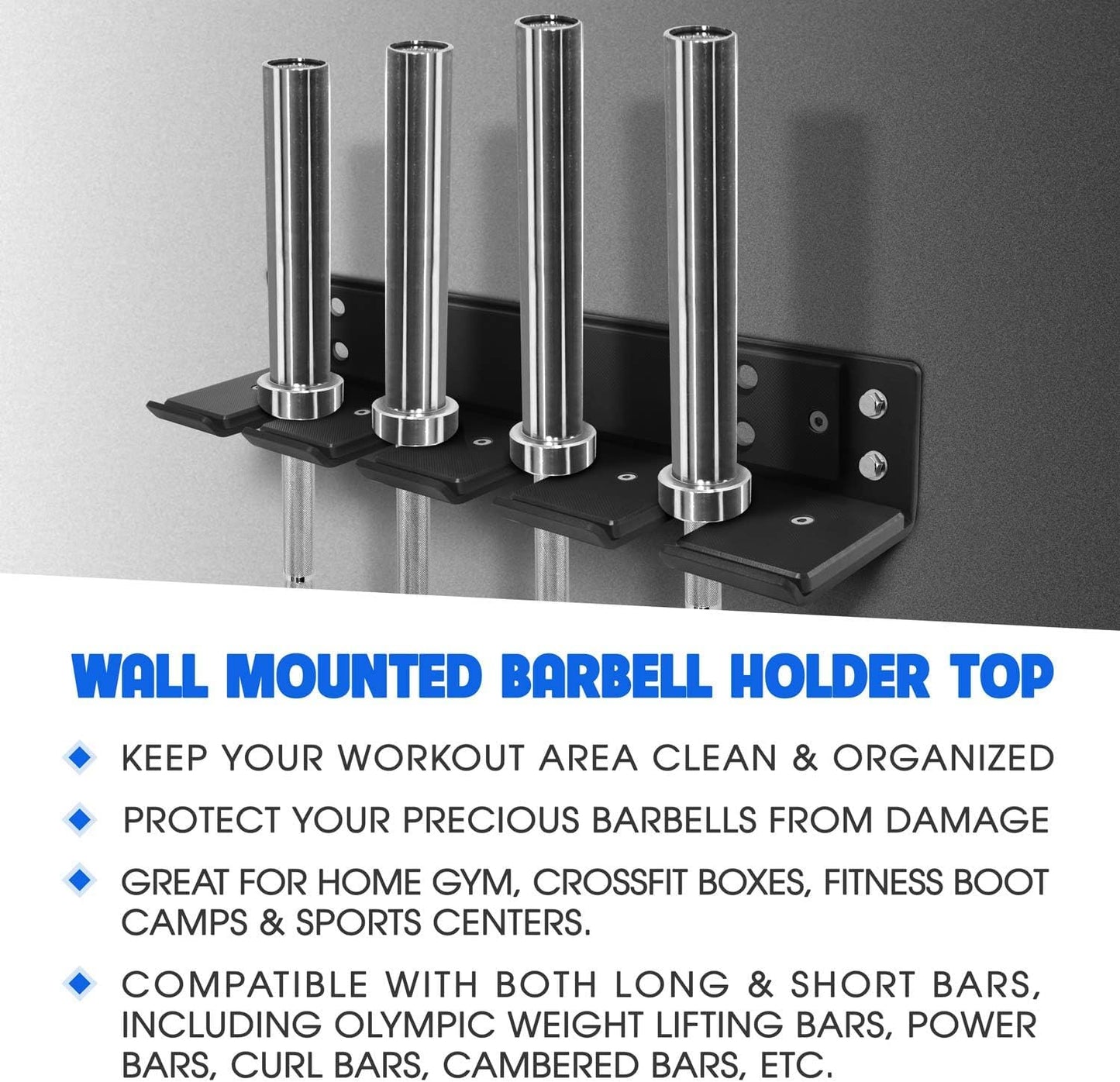Yes4All Vertical Wall Mounted Olympic Barbell Holder, Barbell Storage Rack, Hanging Barbell Rack for Home Fitness Equipment - 4 bars