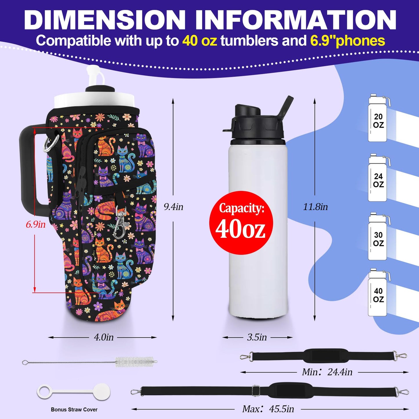 WOHAXAHOW Cat Stanley Water Bottle Bag with Adsjust Strap for 30/40 Oz Tumbler, Water Bottle Carrier with 3 Pockets, Cleaning Brush & Straw Cover, Stanley Cup Carrier Bag for Walking, Gym, Yoga