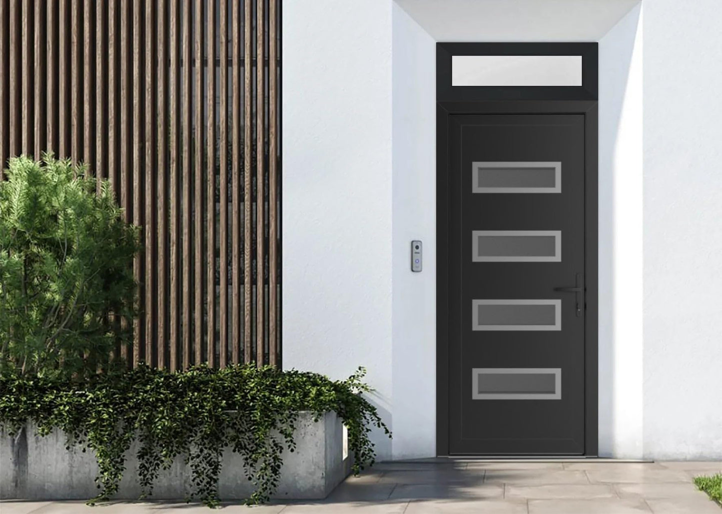 VDOMDOORS Front Exterior Prehung Metal-Plastic Door Frosted Glass | Manux 8113 Matte Black | Top Sidelite Transom | Residential Doors Entrance Patio Garage 36 x 94 (W36 x H80+14) Left-Inswing